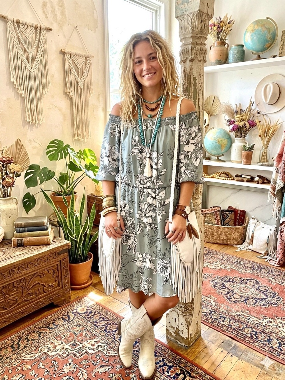 Sage green floral off the shoulder boho dress w resort vacay shabby chic vibe